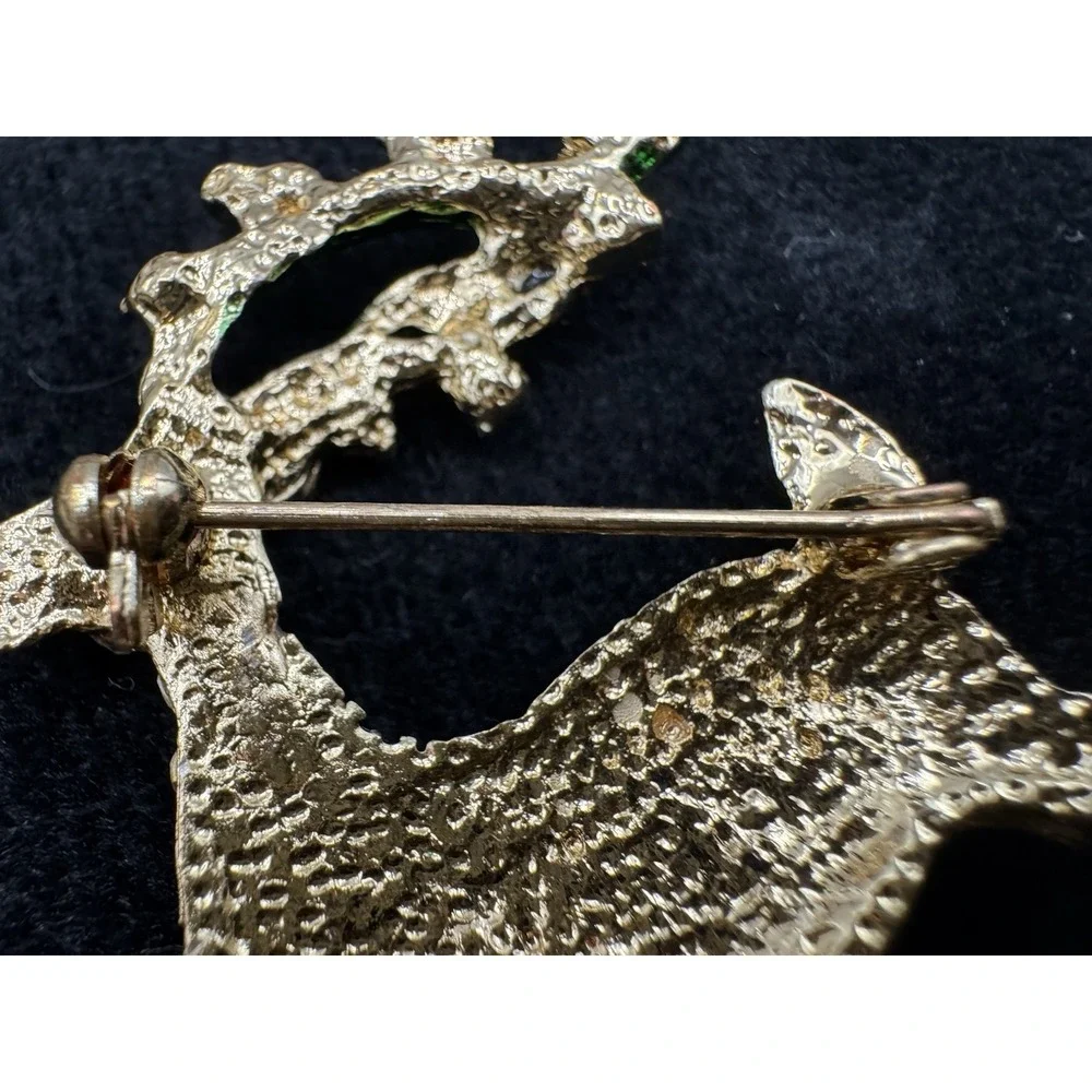 Christmas Reindeer Brooch Rhinestone Pave Gold Tone Red Enamel Holly Pin - Picture 4 of 10